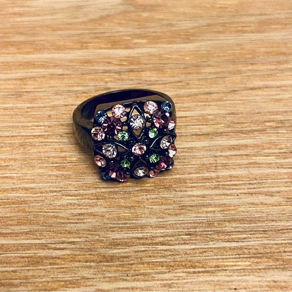 Pink Purple and Green Rhinestone Square Shaped Fashion Cocktail Ring Size 9.